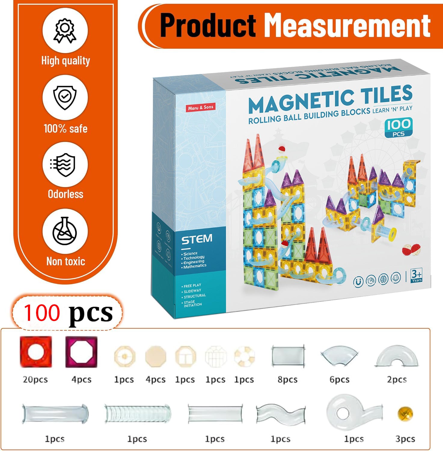 Magnetic Tiles Rolling Ball Building Blocks (100 Pcs)