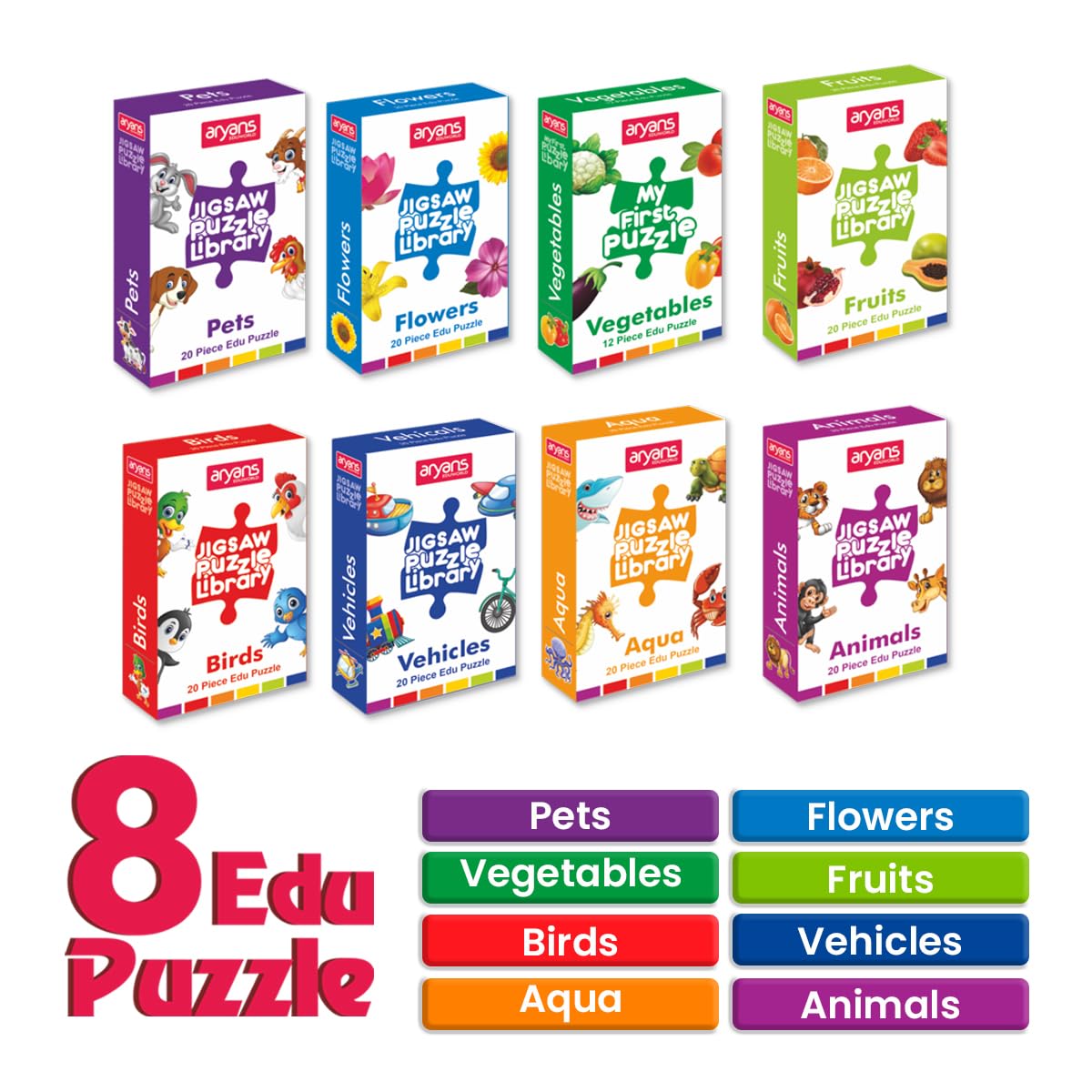 Jigsaw Puzzle Library for Kids | Set of 8 Edu Subjects | 160 Pcs Puzzle