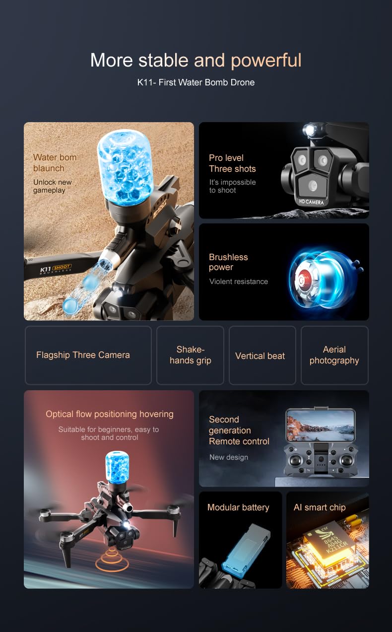 K11 Max Aerial Photography Drone with Water Bomb Launcher | 4K Triple HD Cameras | Brushless Motor | Optical Flow Positioning | Gesture Control | Real-Time HD Transmission