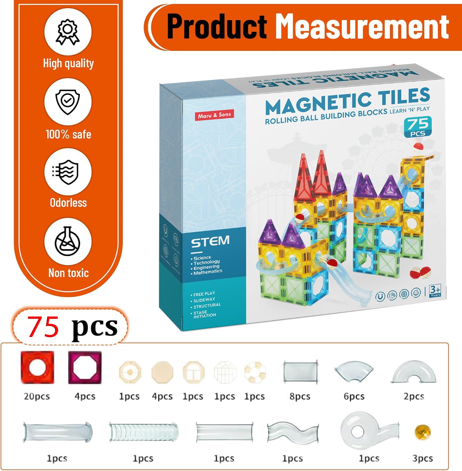 Magnetic Marble Run ball building blocks (75 pcs)