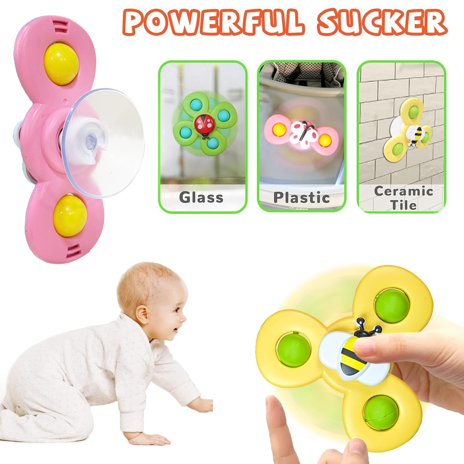 Stick & Spin Set of 3 Suction Cup Colorful bath toy