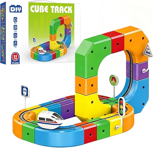 51 Pcs Track Fusion Train, Fun STEM Anti Gravity Race Track & Rail Cube Monorail