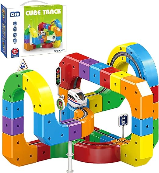 81 Pcs Track Fusion Train, Fun STEM Anti Gravity Race Track & Rail Cube Monorail, for Kids 3-10, Children’s Birthday Gifts, Best Type-C Charging (1 Car)