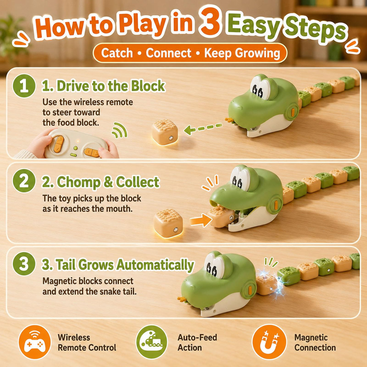 Magnetic Snake Game Toy Eating Itself with Sound & Light for Family Game