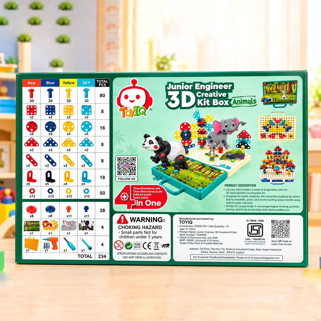 Junior Engineer 3D Creative Kit Box Animal with Electric Drill | 4 in 1 DIY Nut Bolt & Screw Puzzle Set | STEM Educational Animal Toy for Kids