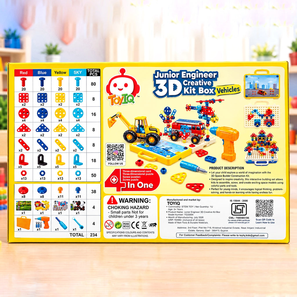 Junior Engineer 3D Creative Kit Box Vehicles with Electric Drill | 4 in 1 DIY Nut Bolt & Screw Puzzle Set | STEM Educational Construction Toy for Kids