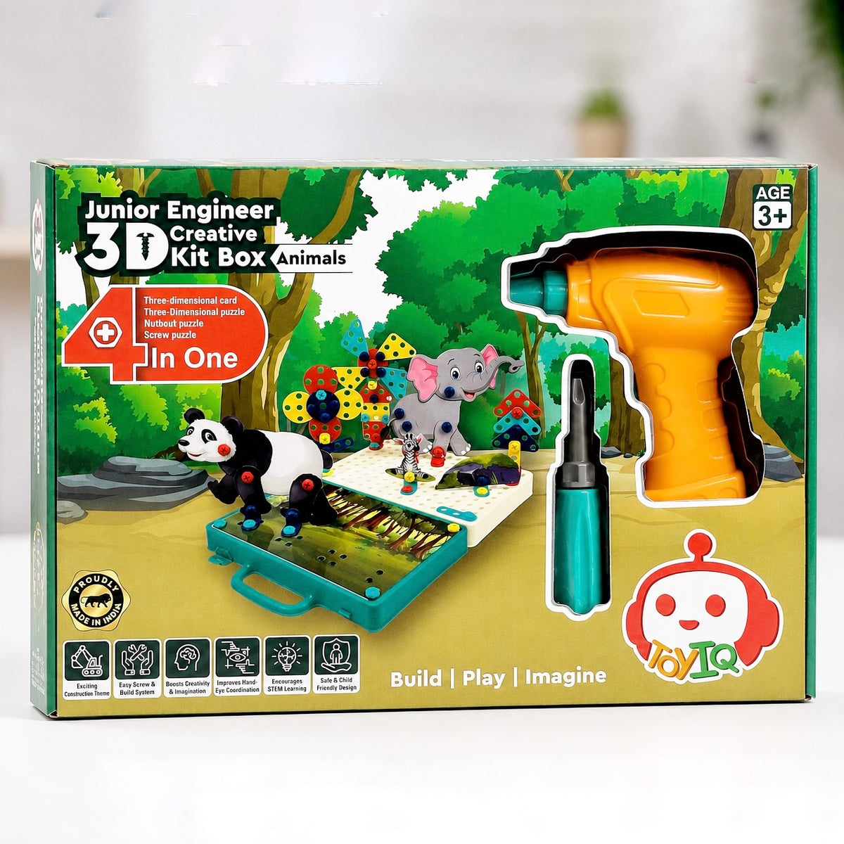 Junior Engineer 3D Creative Kit Box Animal with Electric Drill | 4 in 1 DIY Nut Bolt & Screw Puzzle Set | STEM Educational Animal Toy for Kids