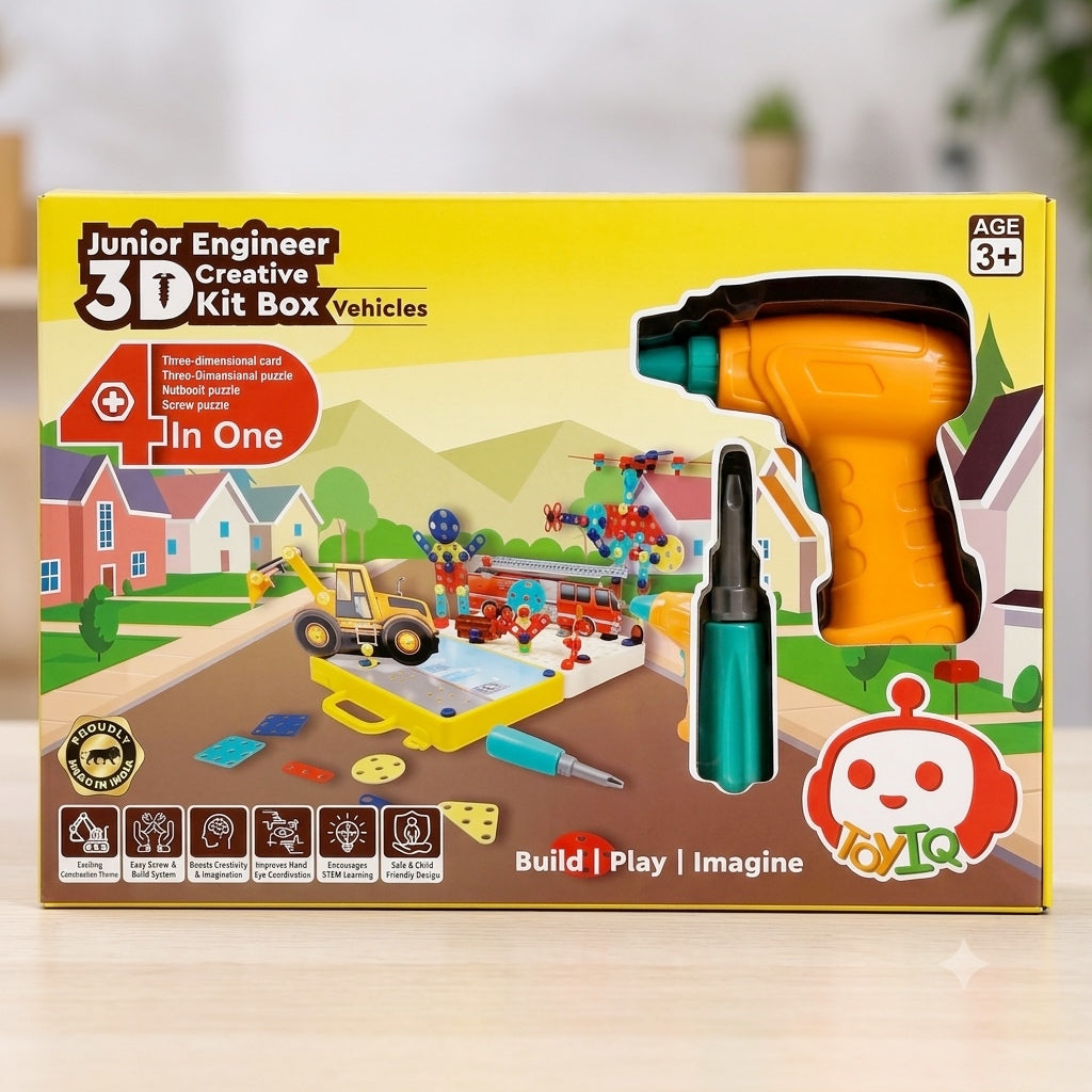 Junior Engineer 3D Creative Kit Box Vehicles with Electric Drill | 4 in 1 DIY Nut Bolt & Screw Puzzle Set | STEM Educational Construction Toy for Kids