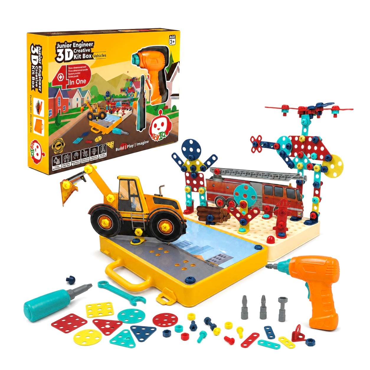 Junior Engineer 3D Creative Kit Box Vehicles with Electric Drill | 4 in 1 DIY Nut Bolt & Screw Puzzle Set | STEM Educational Construction Toy for Kids