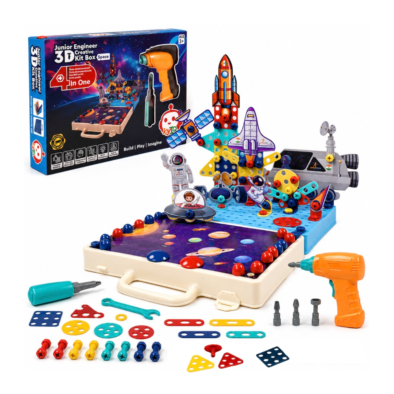 Junior Engineer 3D Creative Kit Box Aeroplan with Electric Drill | 4 in 1 DIY Nut Bolt & Screw Puzzle Set | STEM Educational Space Toy for Kids