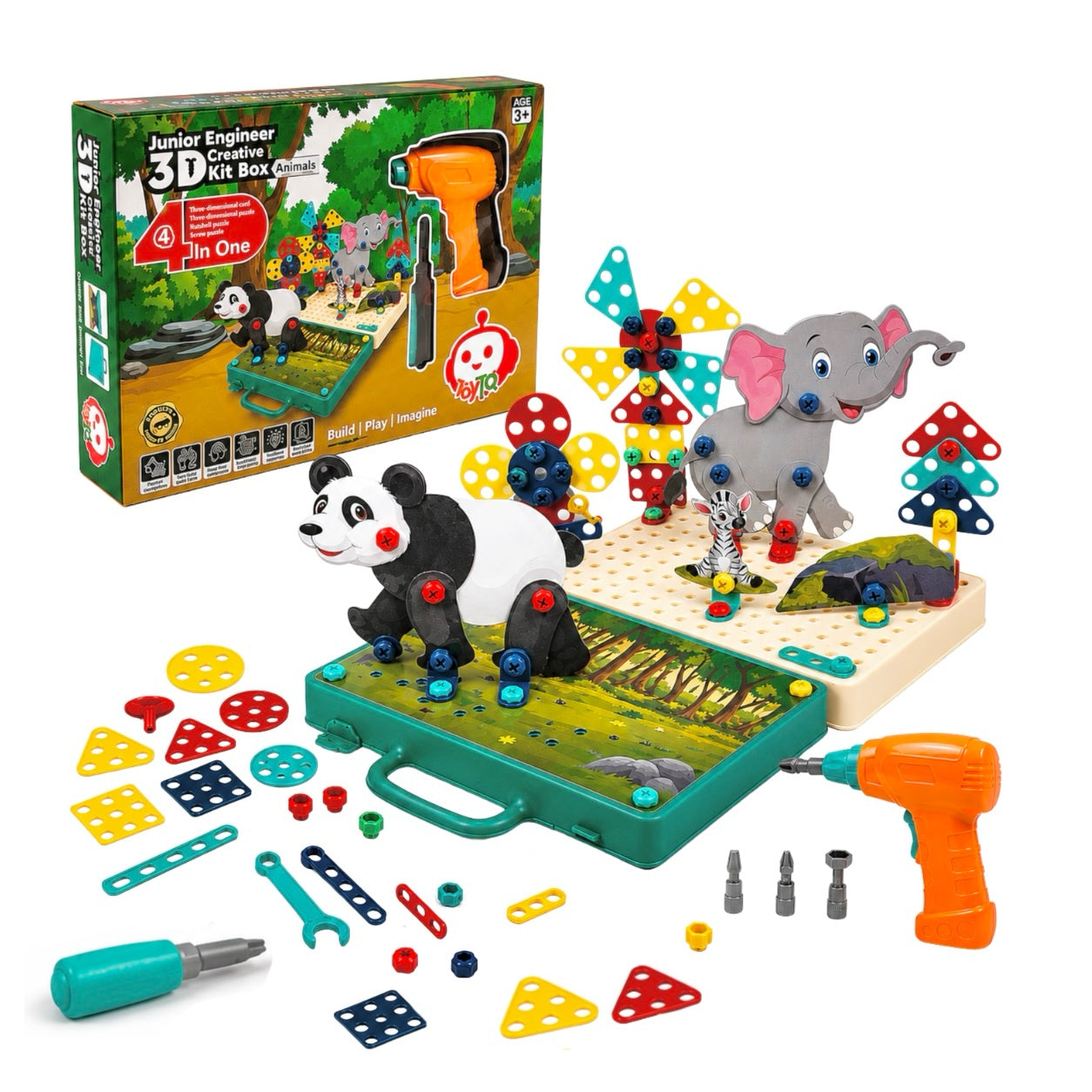 Junior Engineer 3D Creative Kit Box Animal with Electric Drill | 4 in 1 DIY Nut Bolt & Screw Puzzle Set | STEM Educational Animal Toy for Kids