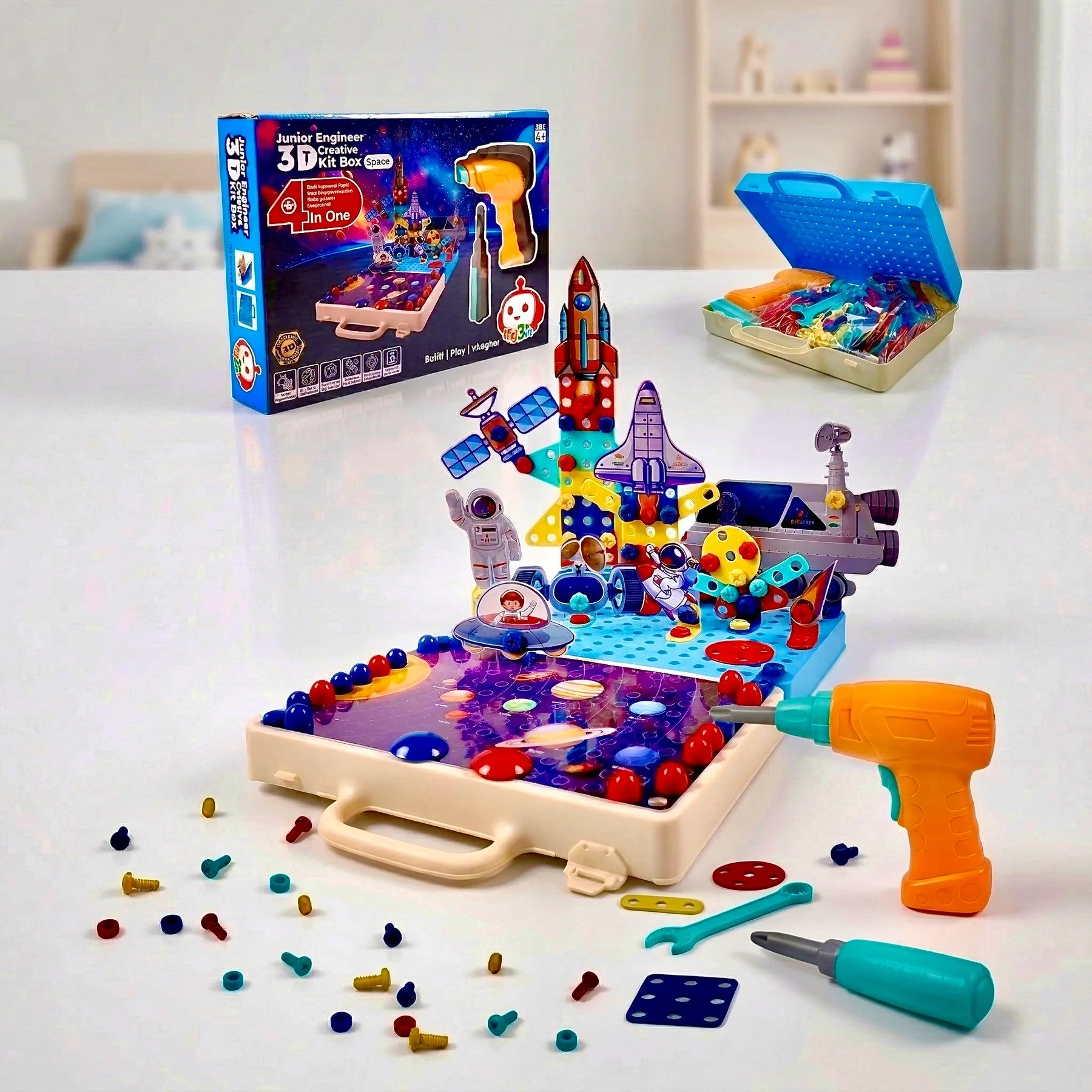 Junior Engineer 3D Creative Kit Box Aeroplan with Electric Drill | 4 in 1 DIY Nut Bolt & Screw Puzzle Set | STEM Educational Space Toy for Kids
