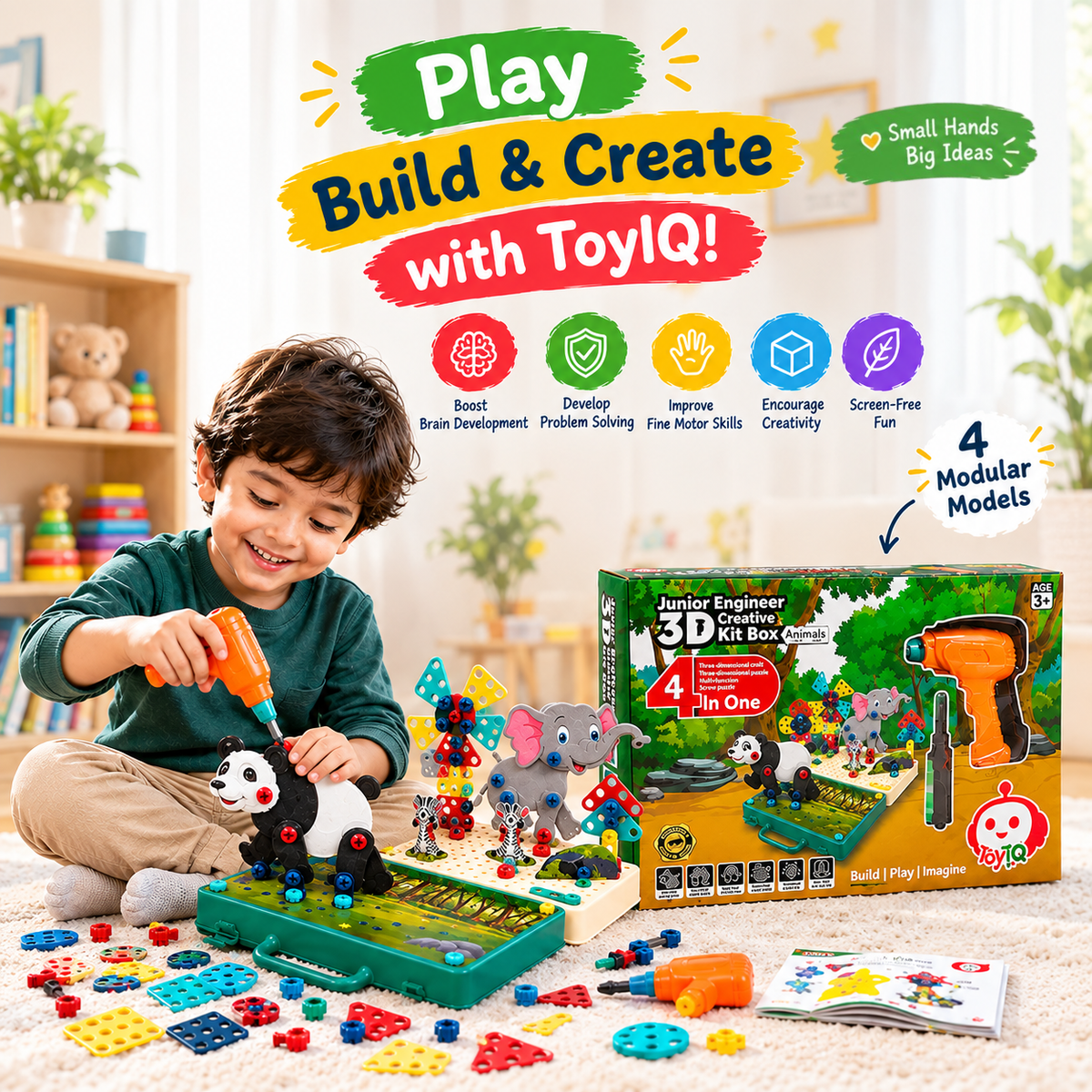 Junior Engineer 3D Creative Kit Box Animal with Electric Drill | 4 in 1 DIY Nut Bolt & Screw Puzzle Set | STEM Educational Animal Toy for Kids
