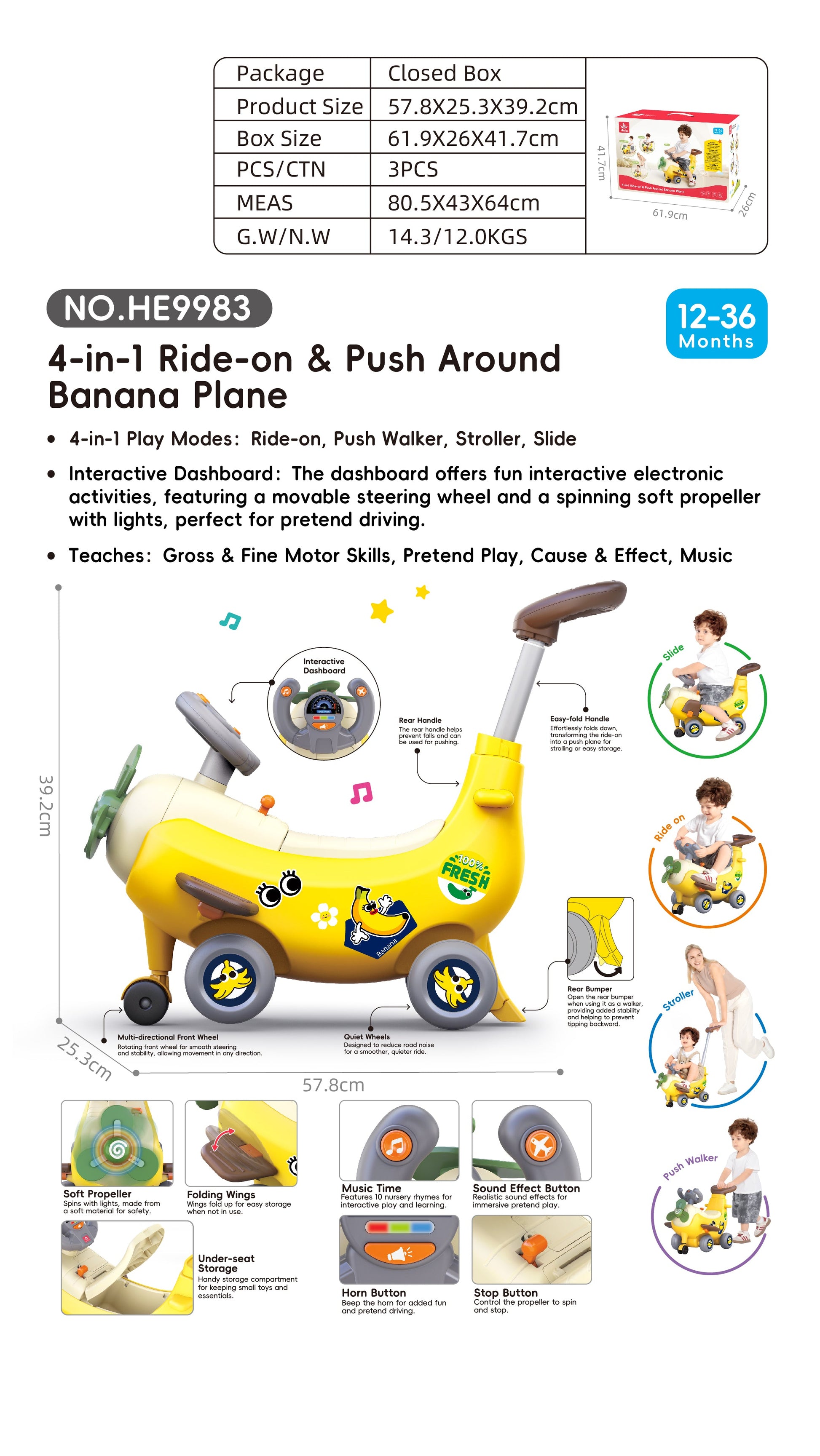 4-in-1 Ride-on & Push Around Banana Plane